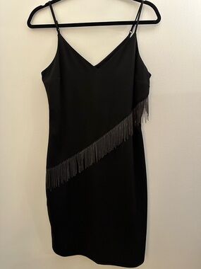 Witchery Black Bodycon Dress | Diagonal Beaded Fringe | Spaghetti Strap | Size 4
